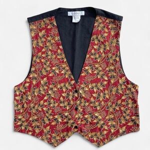Vintage Ellen Ashley Burgundy & Gold Beaded Embroidered Leaves Black Back Vest